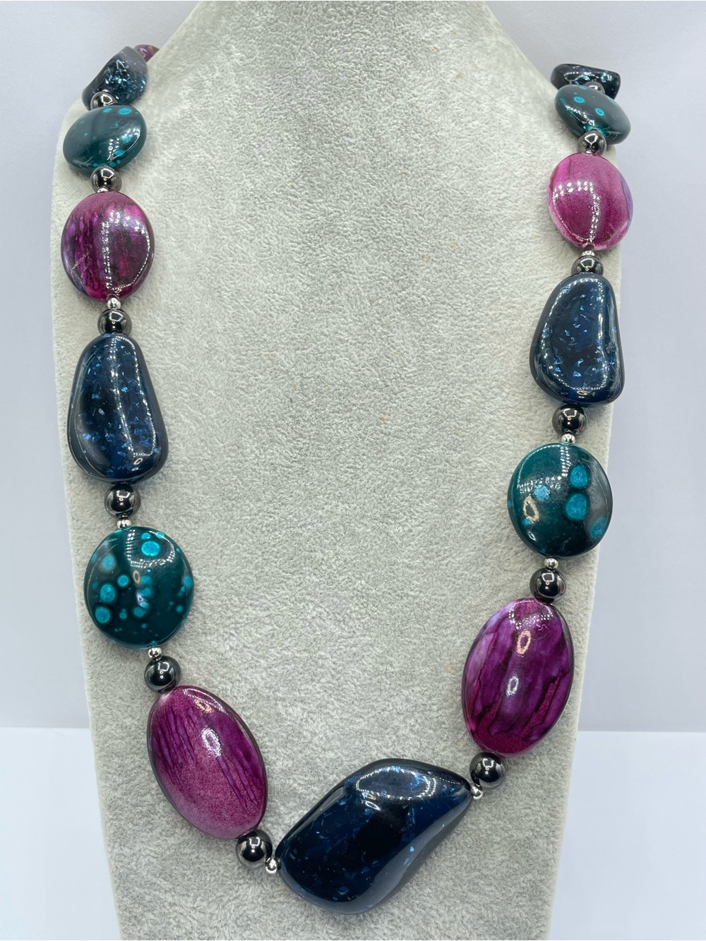 Silver Tone Acrylic Statement Beaded Necklace Purple Blue Teal Artisan Boho